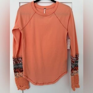 Free People Coral Long Sleeve Top with Patterned Crochet Sleeves